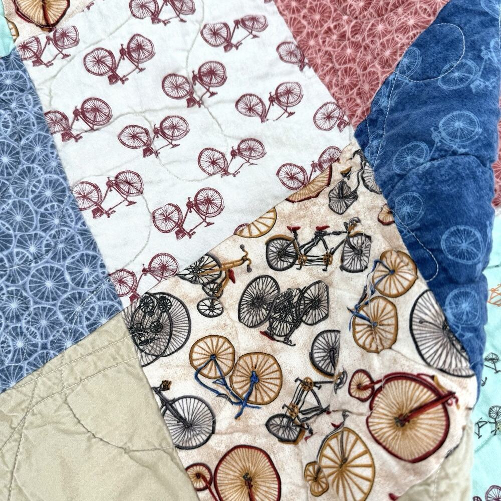 Handmade Throw Lap Quilt 54”x 45” Country Charm Diamond Patch Bicycle Themed - Picture 6 of 8